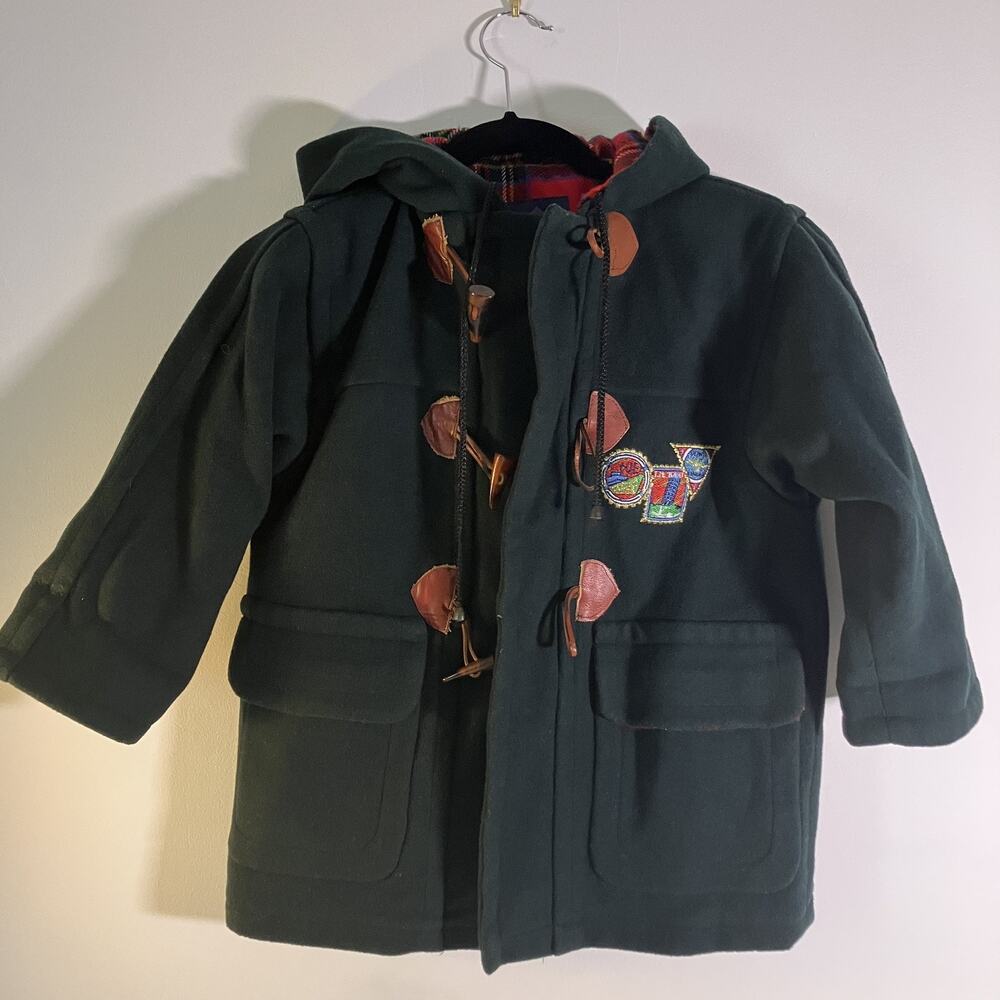 Vintage PE & Lin Coat Boys 2 Wool Hooded Toggle Plaid‎ Lined Patch Classic 90s